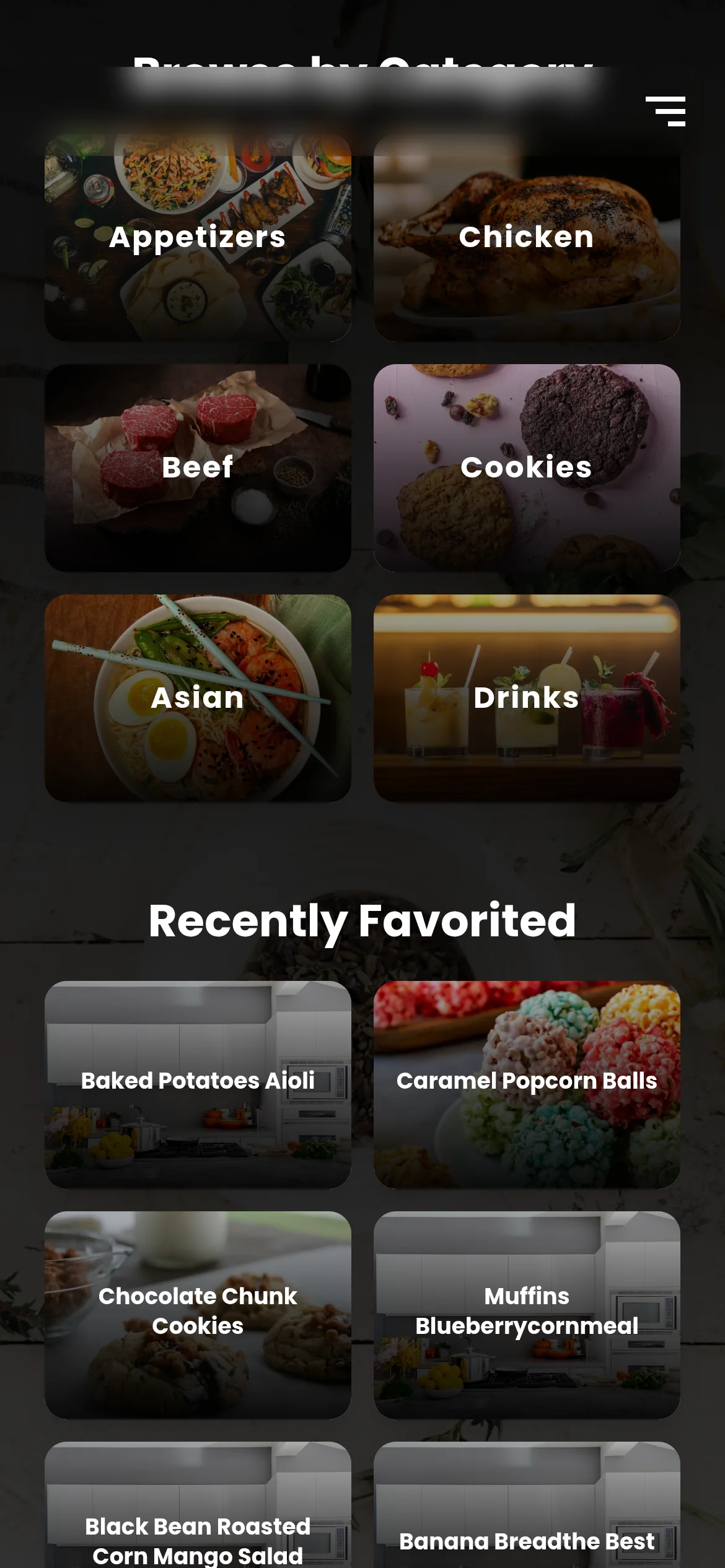 Recipe categories on a phone
