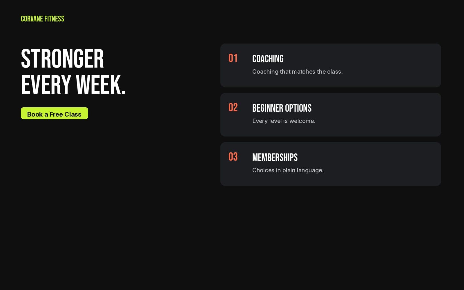 Homepage points for coaching, beginner options, and memberships