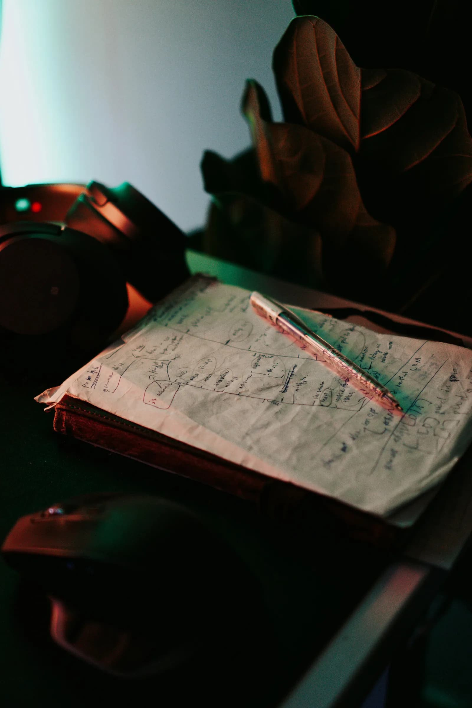 An open notebook with handwriting and a pen on a desk.