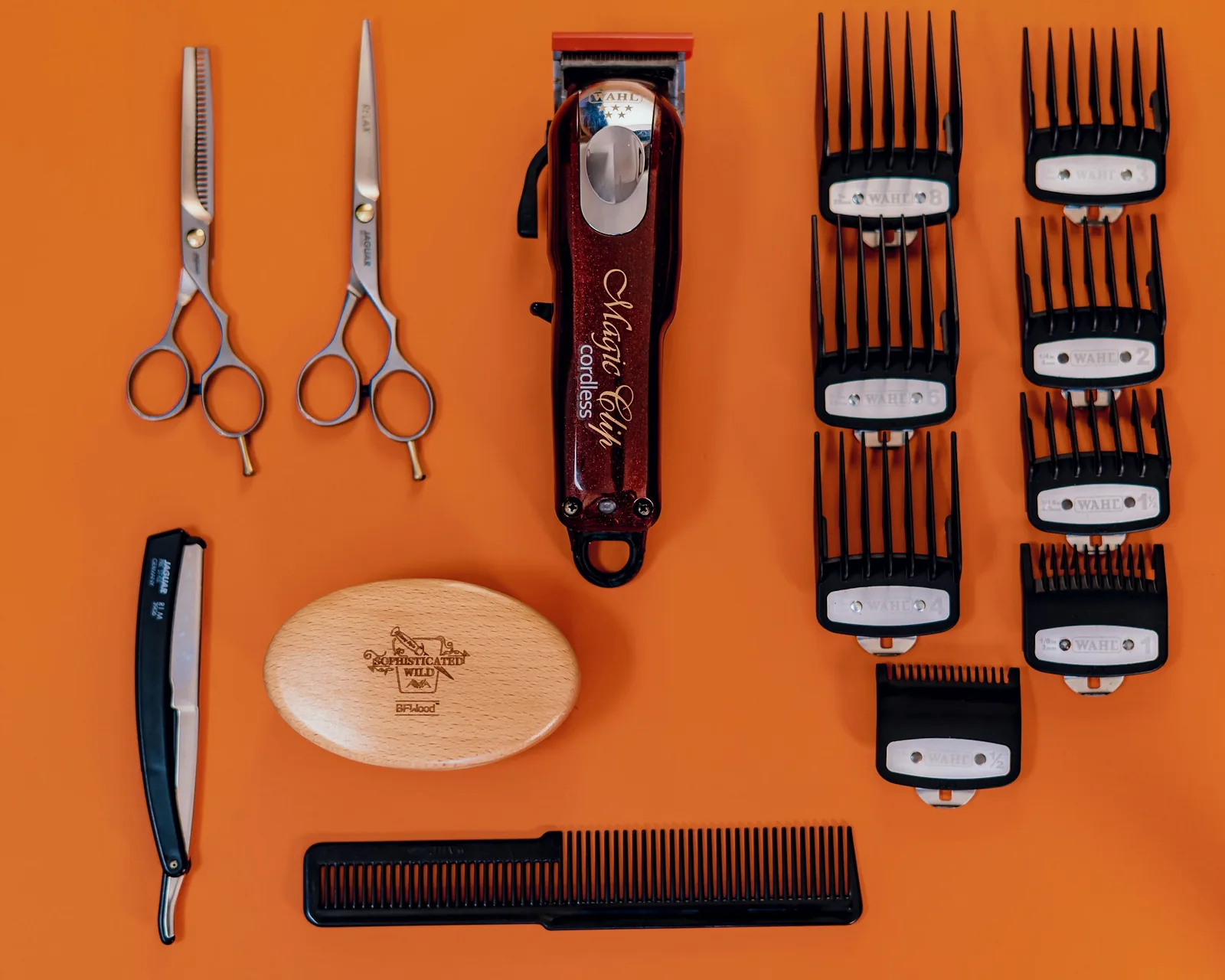Stainless steel hair-cutting scissors and a comb.