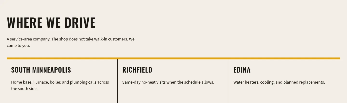 Desktop screenshot of the Copperwing service-area strip for South Minneapolis, Richfield, and Edina.