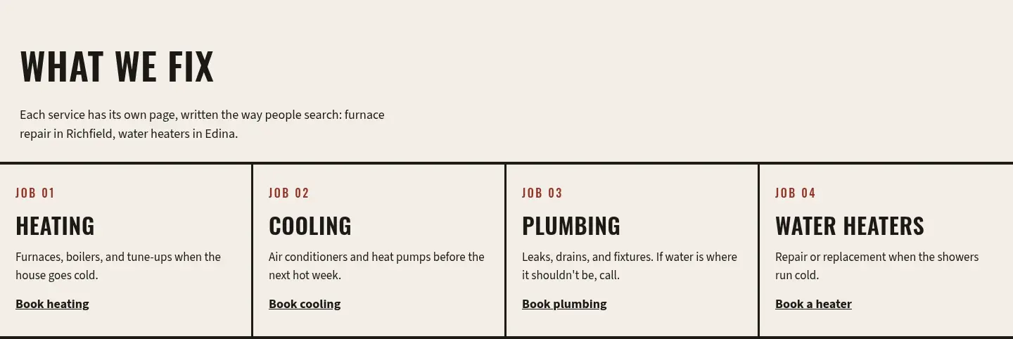 Desktop screenshot of the Copperwing service tickets for heating, cooling, plumbing, and water heaters.
