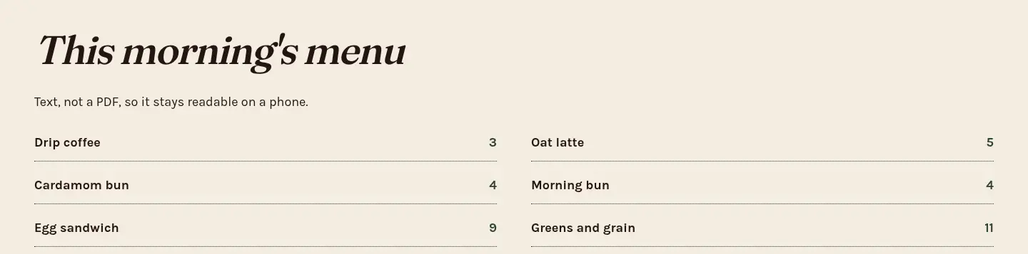 Desktop screenshot of the Fennwick menu, set in two columns with dotted leaders and prices.