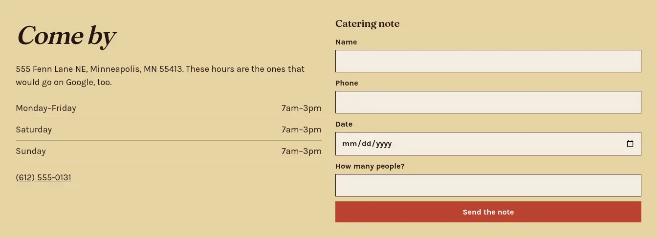 Desktop screenshot of the Fennwick visit block, with daily hours, 555 Fenn Lane NE, and a catering note form.