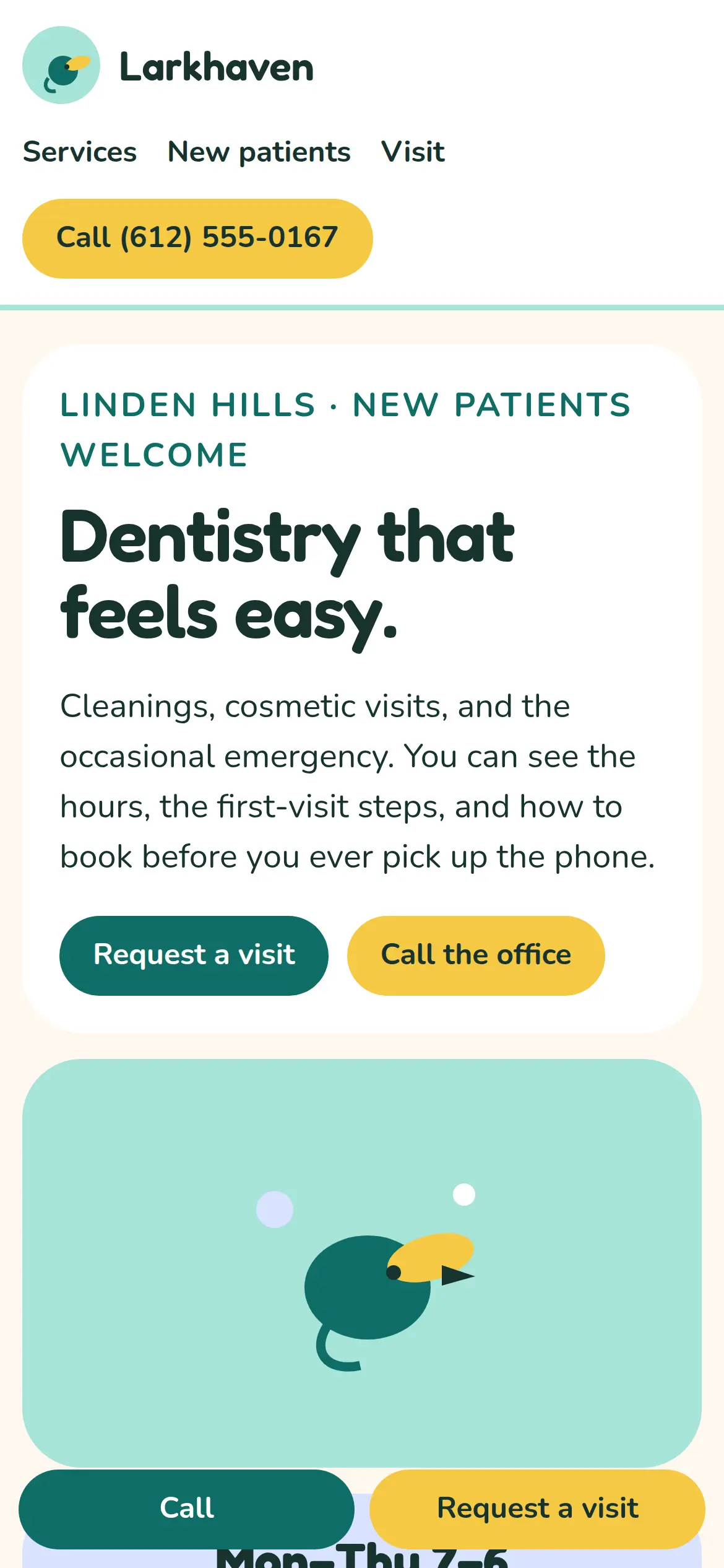 Phone screenshot of the Larkhaven homepage. A lark mark and call button sit above the headline Dentistry that feels easy, with Linden Hills noted as welcoming new patients.