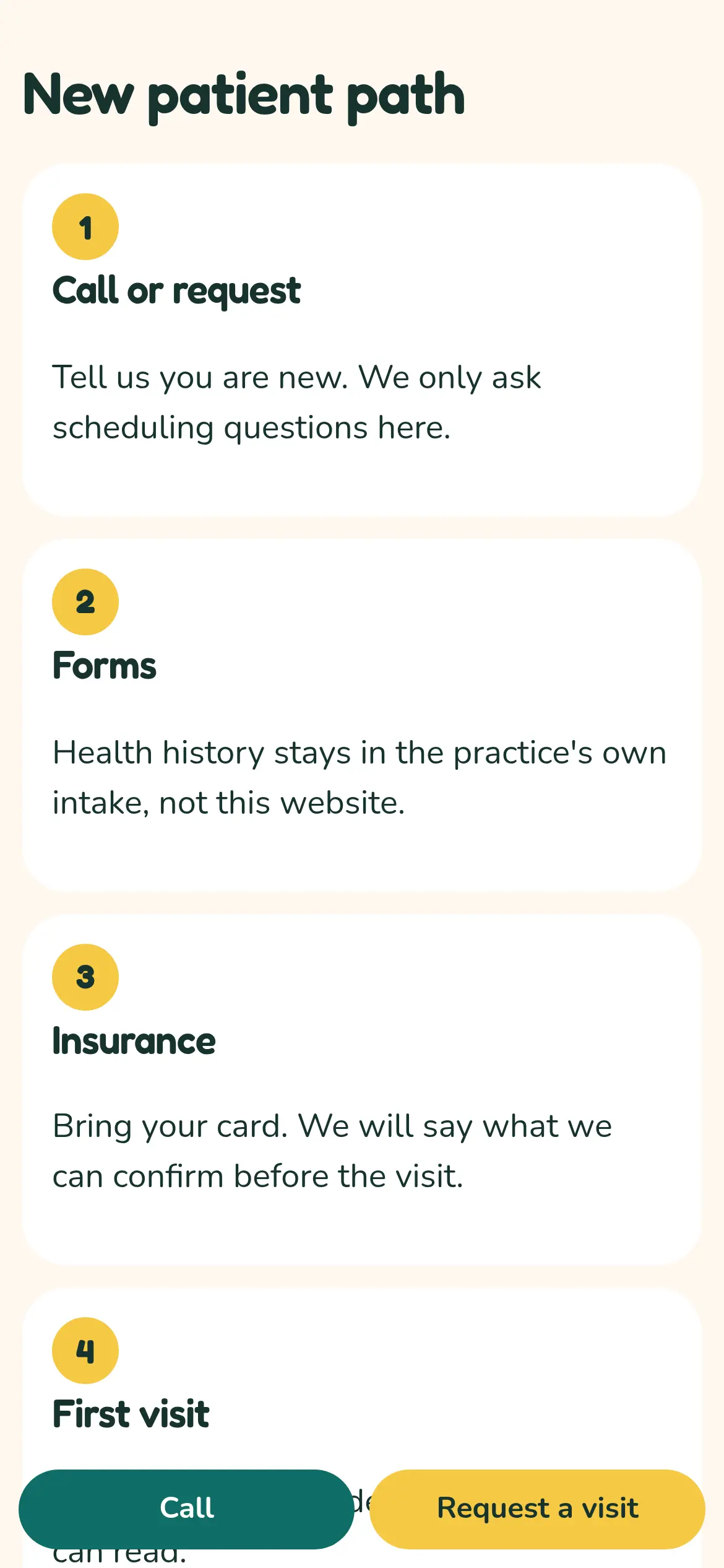 Phone screenshot of the Larkhaven new-patient steps, starting with call or request, then forms, insurance, and the first visit.