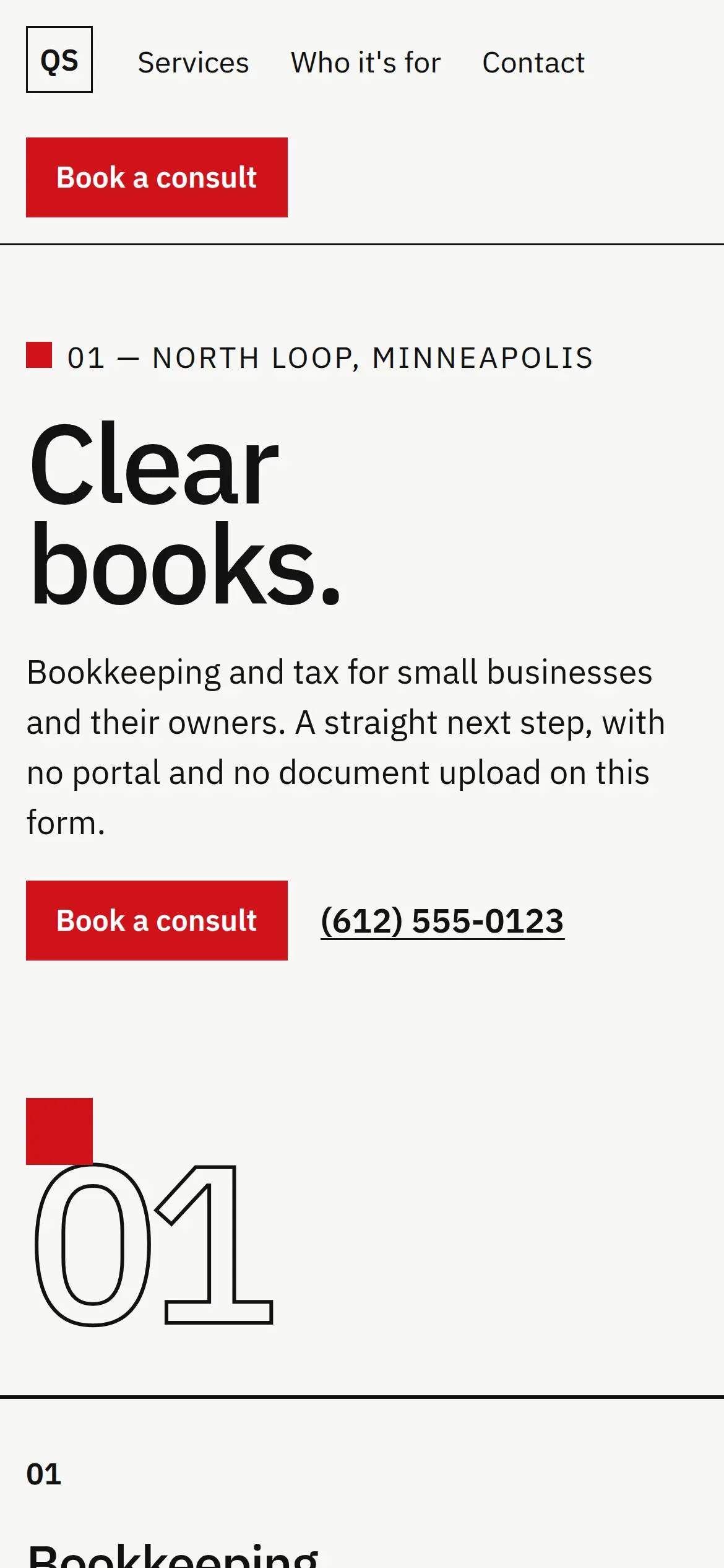 Phone screenshot of the Quillstone homepage. A red Book a consult button is in the header above the North Loop line and the headline Clear books.