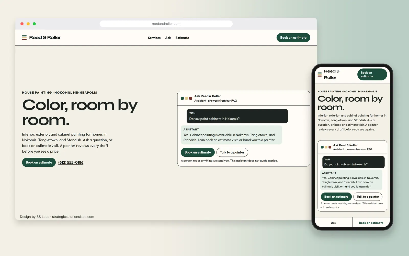 Reed and Roller house painting website, with a chat card and a phone view of the same page