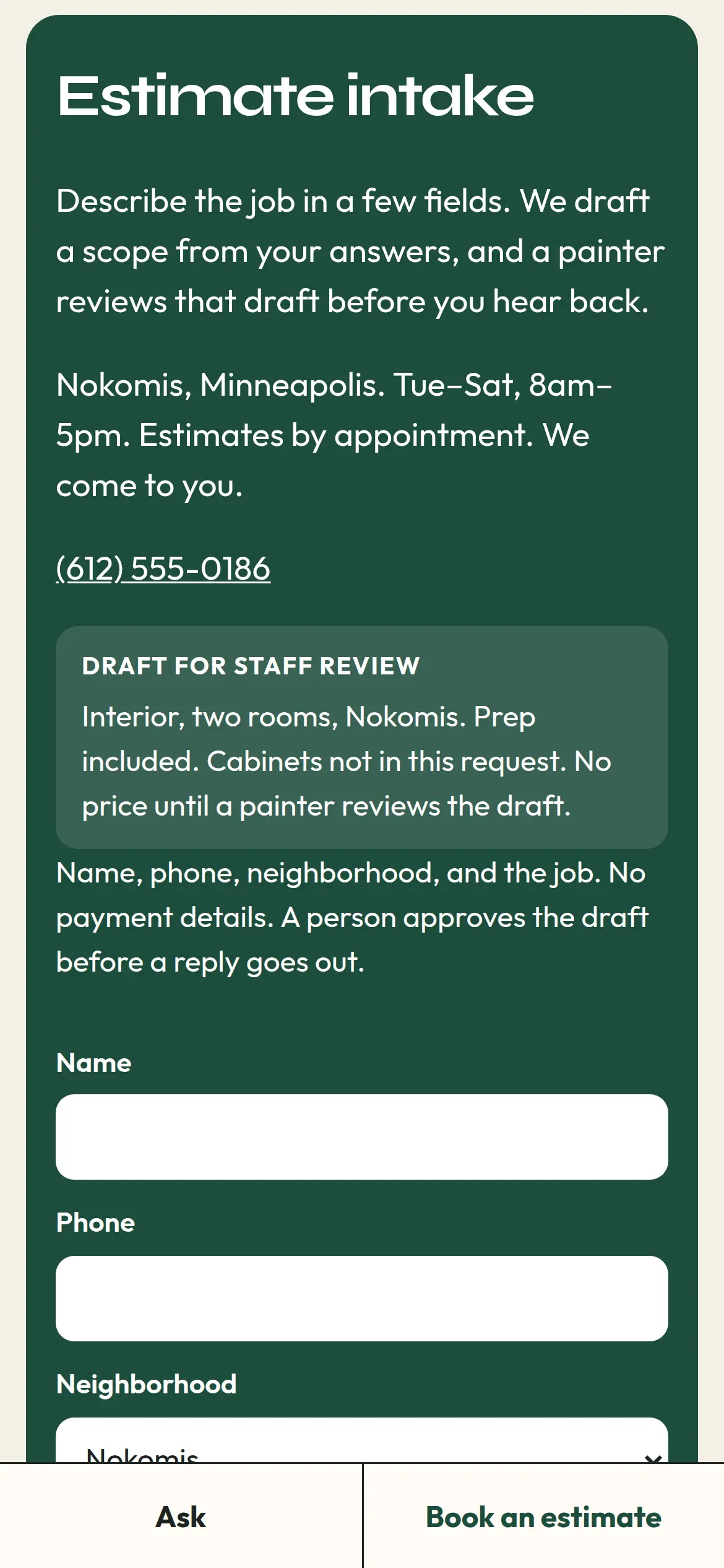Phone screenshot of the Reed and Roller estimate intake, with a draft for staff review and a note not to include payment details.