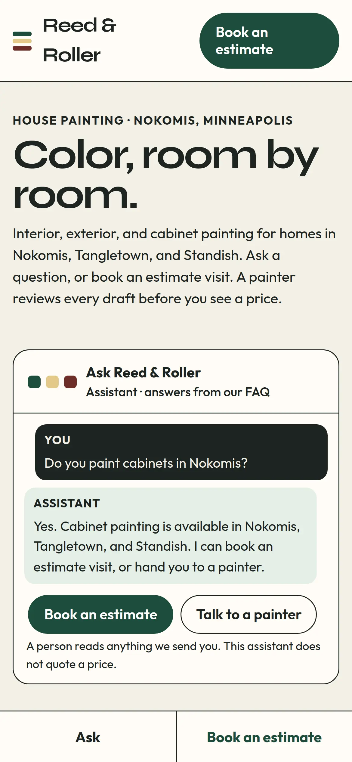 Phone screenshot of the Reed and Roller homepage. The headline Color, room by room. sits above a chat that offers Book an estimate and Talk to a painter.