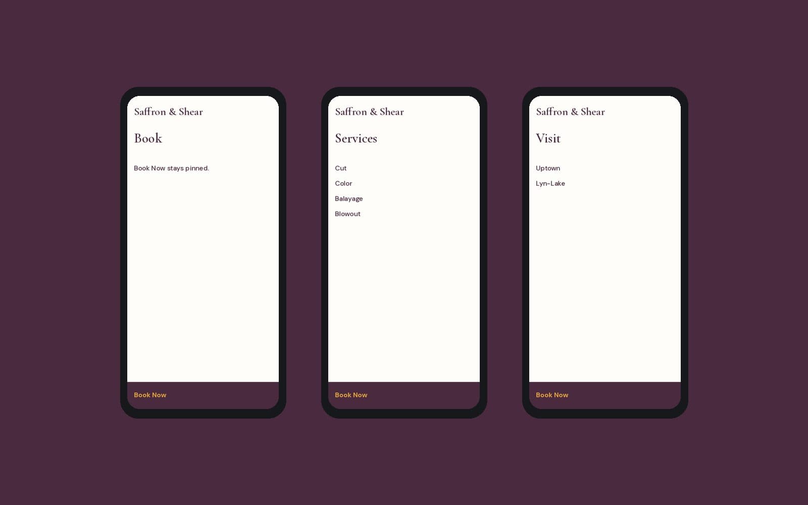 Three phone views of the salon site